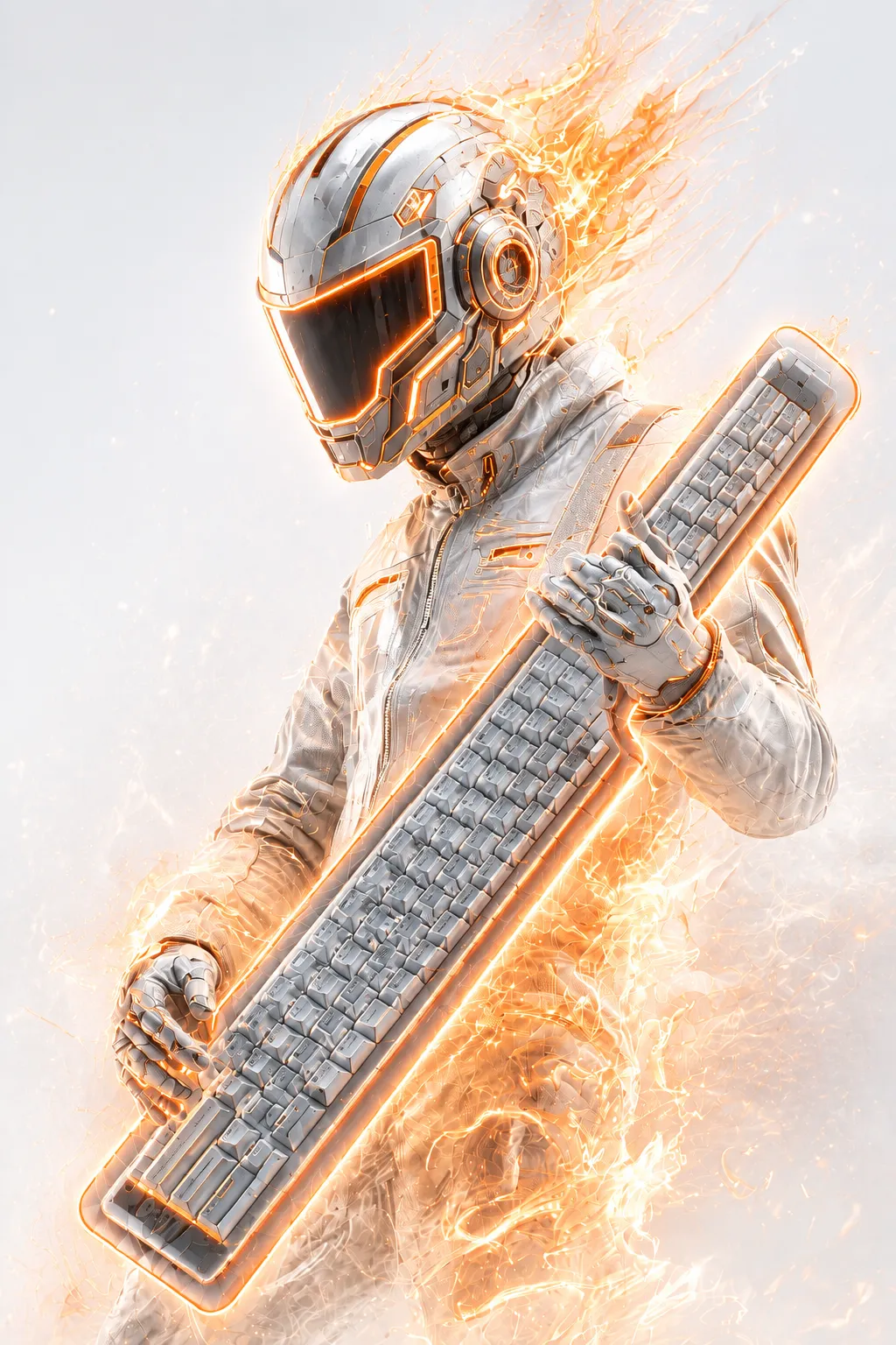 Helmeted figure playing a keyboard like a guitar, engulfed in flames
